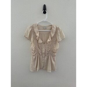 Odille Anthropologie Blouse Womens 6 Cream Ruffle Smocked Button Front Top